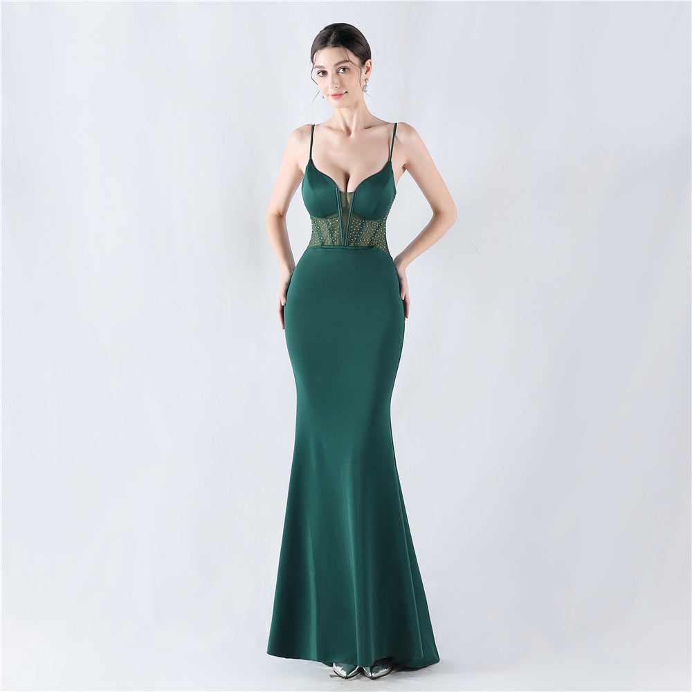 Elegant Boning Corset Vest Shaping Mesh Rhinestone Sling Sheath Fishtail Evening Dress