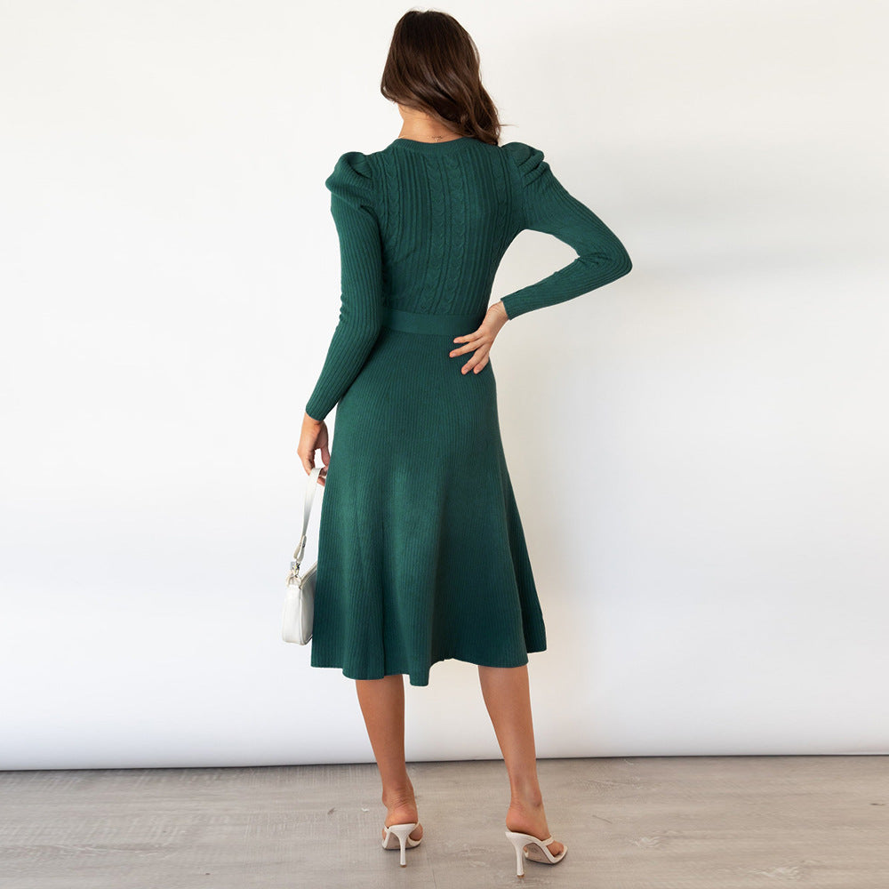 Long Sleeve Knitted Mid-Length Elegant Sweater Dress