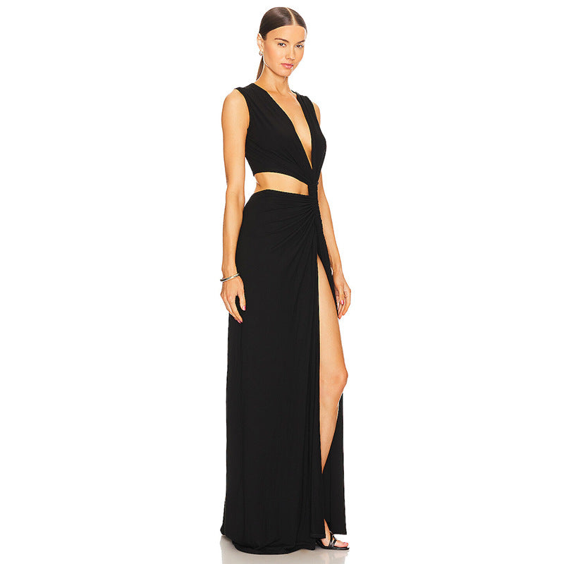 Vestido maxi sexy de cor sólida com decote em V profundo vazado com fenda e corte justo