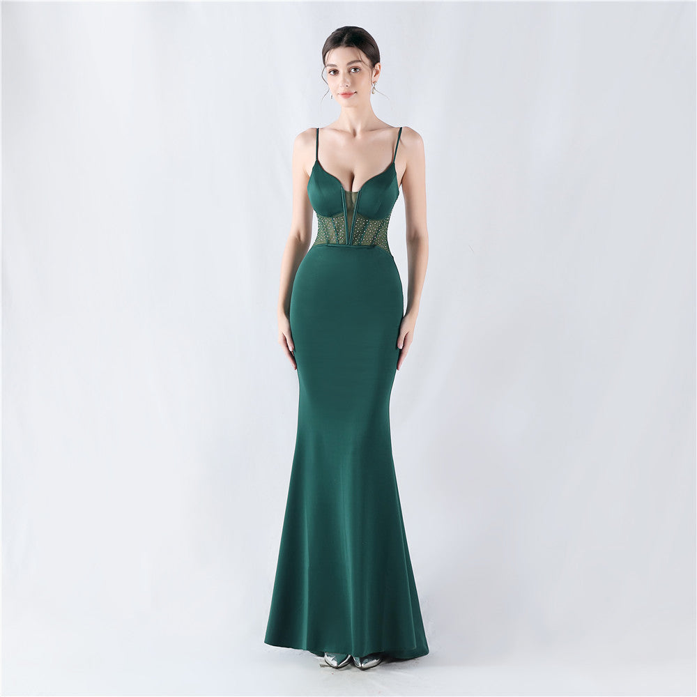 Elegant Boning Corset Vest Shaping Mesh Rhinestone Sling Sheath Fishtail Evening Dress