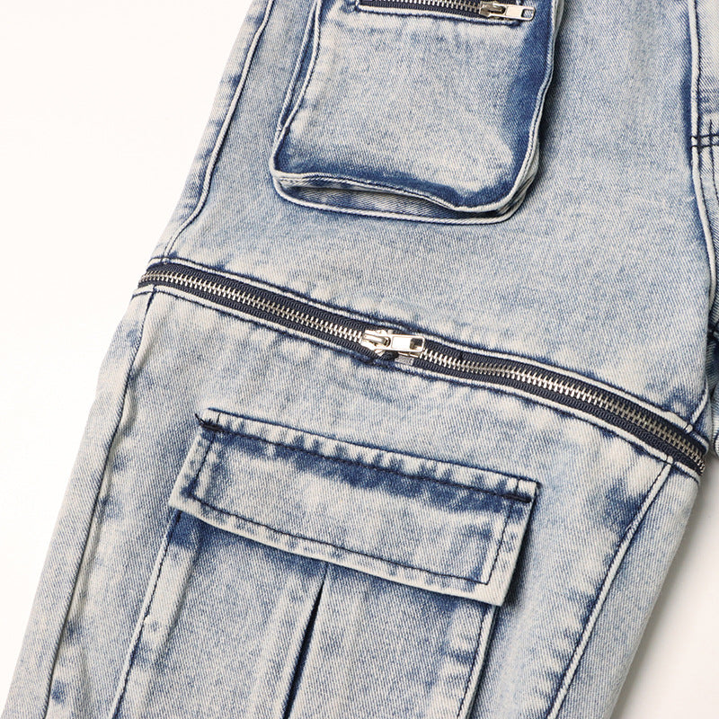 Patchwork Pocket Deconstructed High Waist Straight Jeans