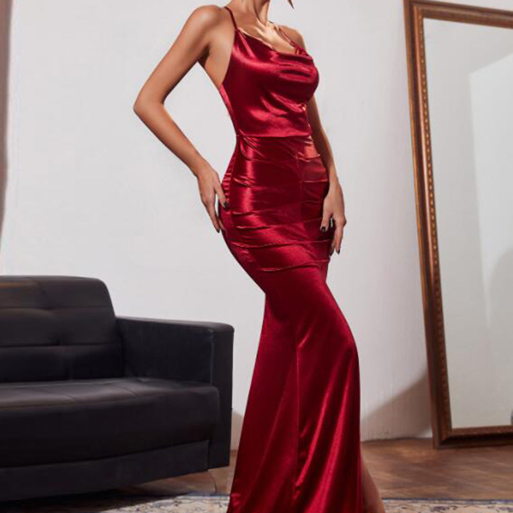 Elegant Backless Sling Swing Collar Slit Satin Evening Dress