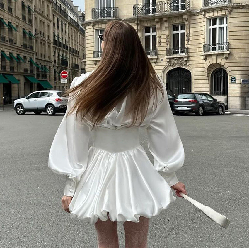 White Sexy V Neck Lantern Sleeve Satin Dress