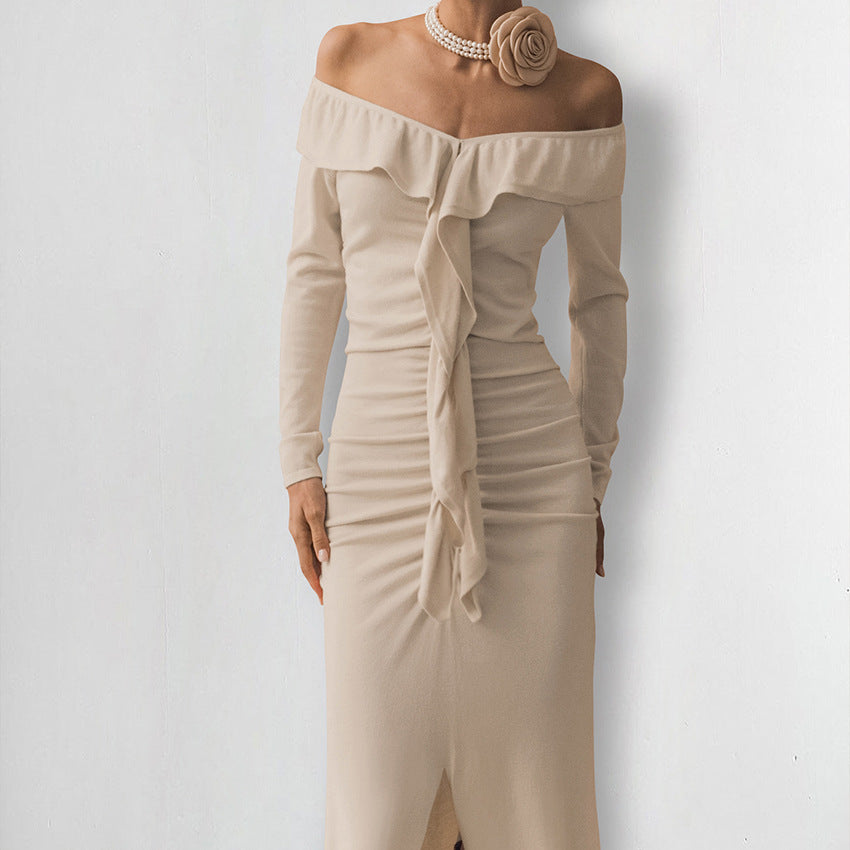 Khaki Off-Shoulder Röhrenoberteil Split Fishtail Kleid