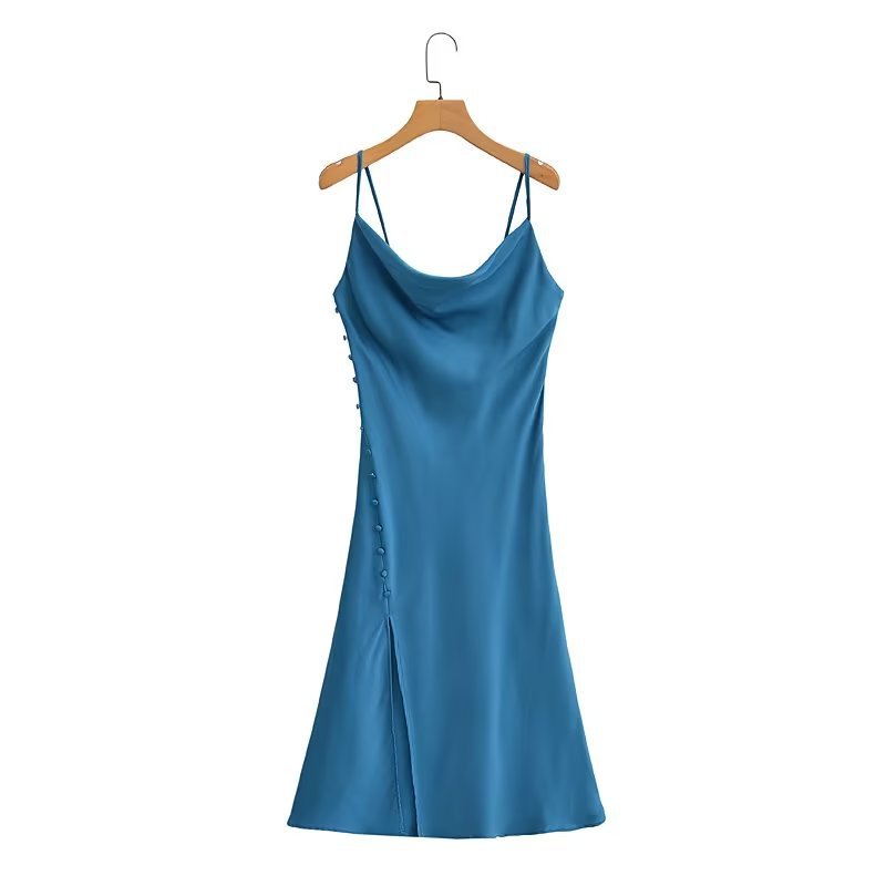 Vestido con tirantes, cuello oscilante, color liso, satinado, con tirantes sedosos