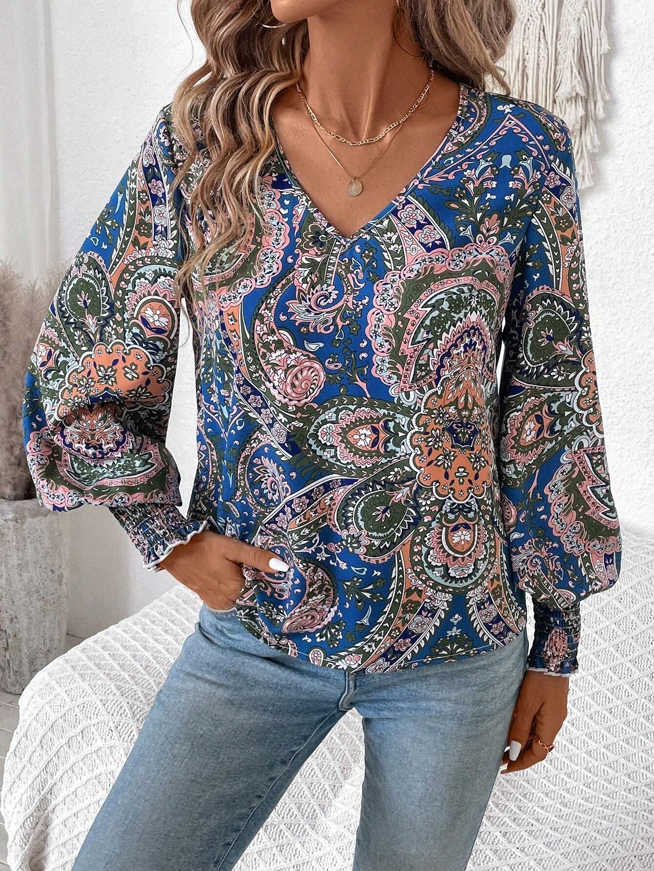 Elegant V Neck Printed Lantern Sleeve Shirt