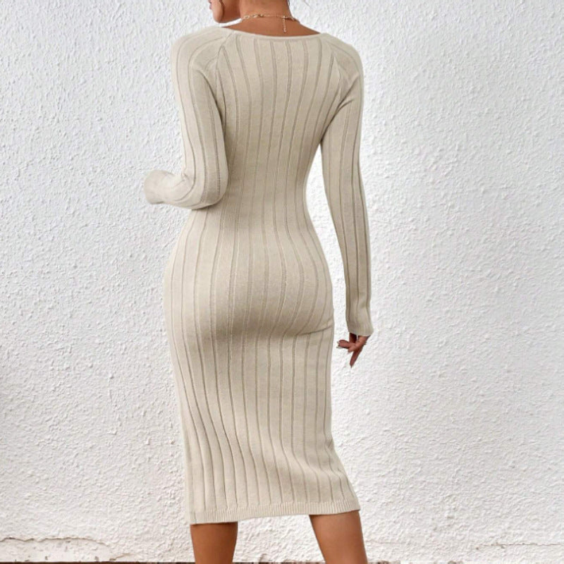 Sexy Square Collar Long Sleeve Knitted Dress