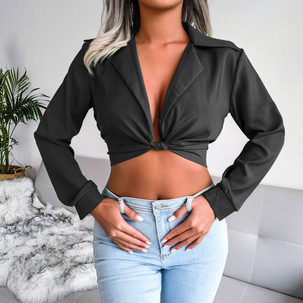 Suit Collar Knotted Cropped Top