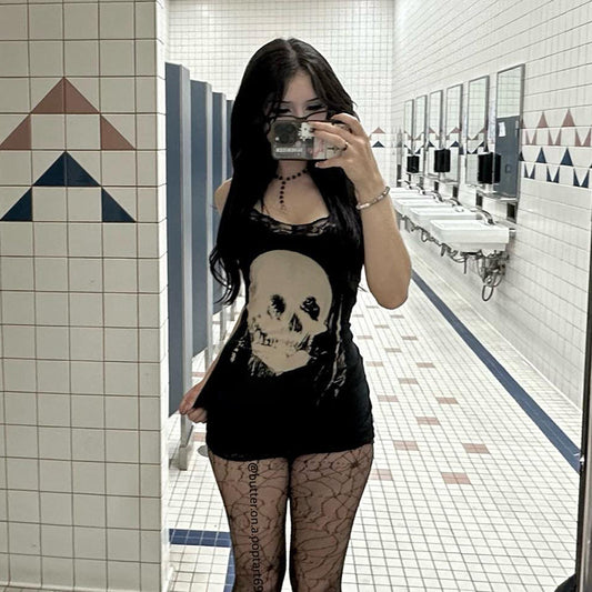 Vestido de tirantes con estampado de calavera personalizado oscuro corto sexy de verano