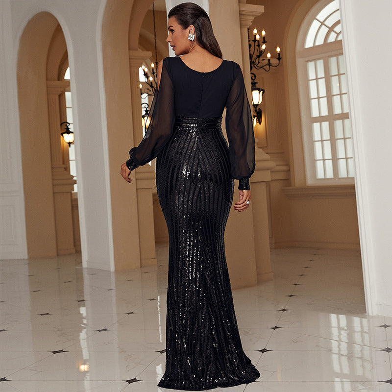 V-Neck Hepburn Long Sleeve Luxury Fishtail Sequin Evening Dress