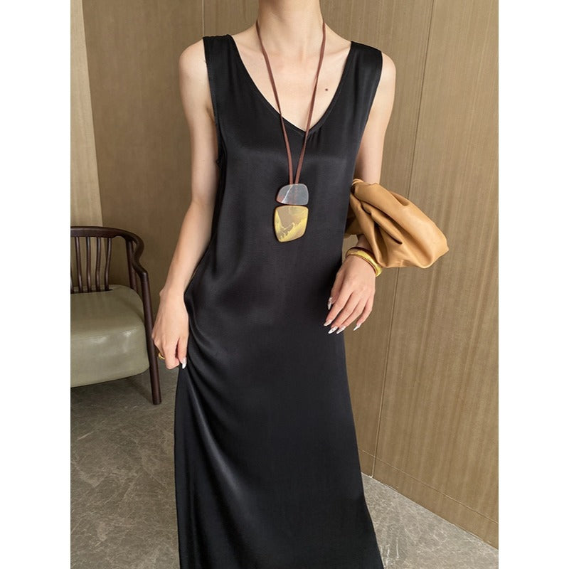 Elegant V Neck Draping Satin Sleeveless Dress