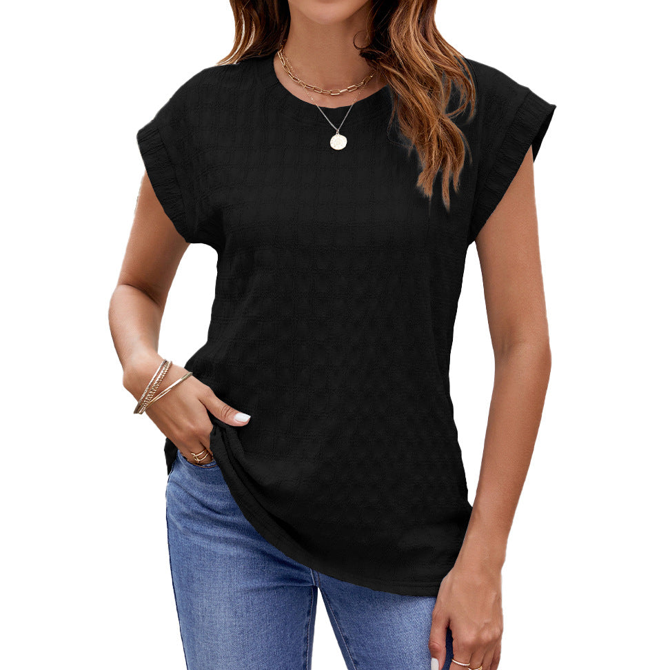 Jacquard Loose Fitting Round Neck Short Sleeve T Shirt Top