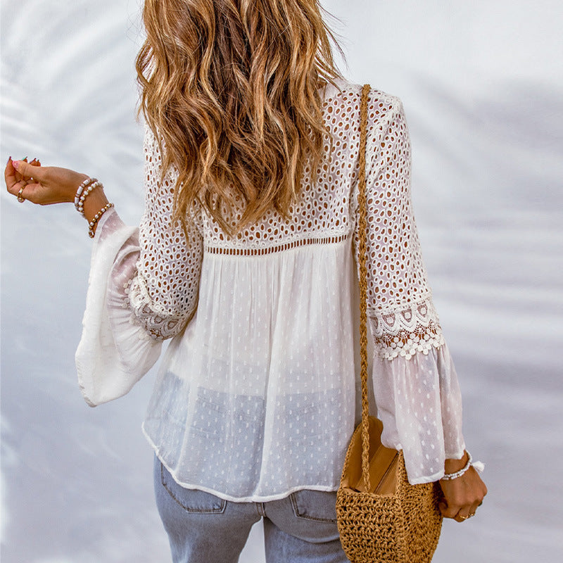 Lace Crochet Hollow Out Cutout Loose Chiffon Shirt