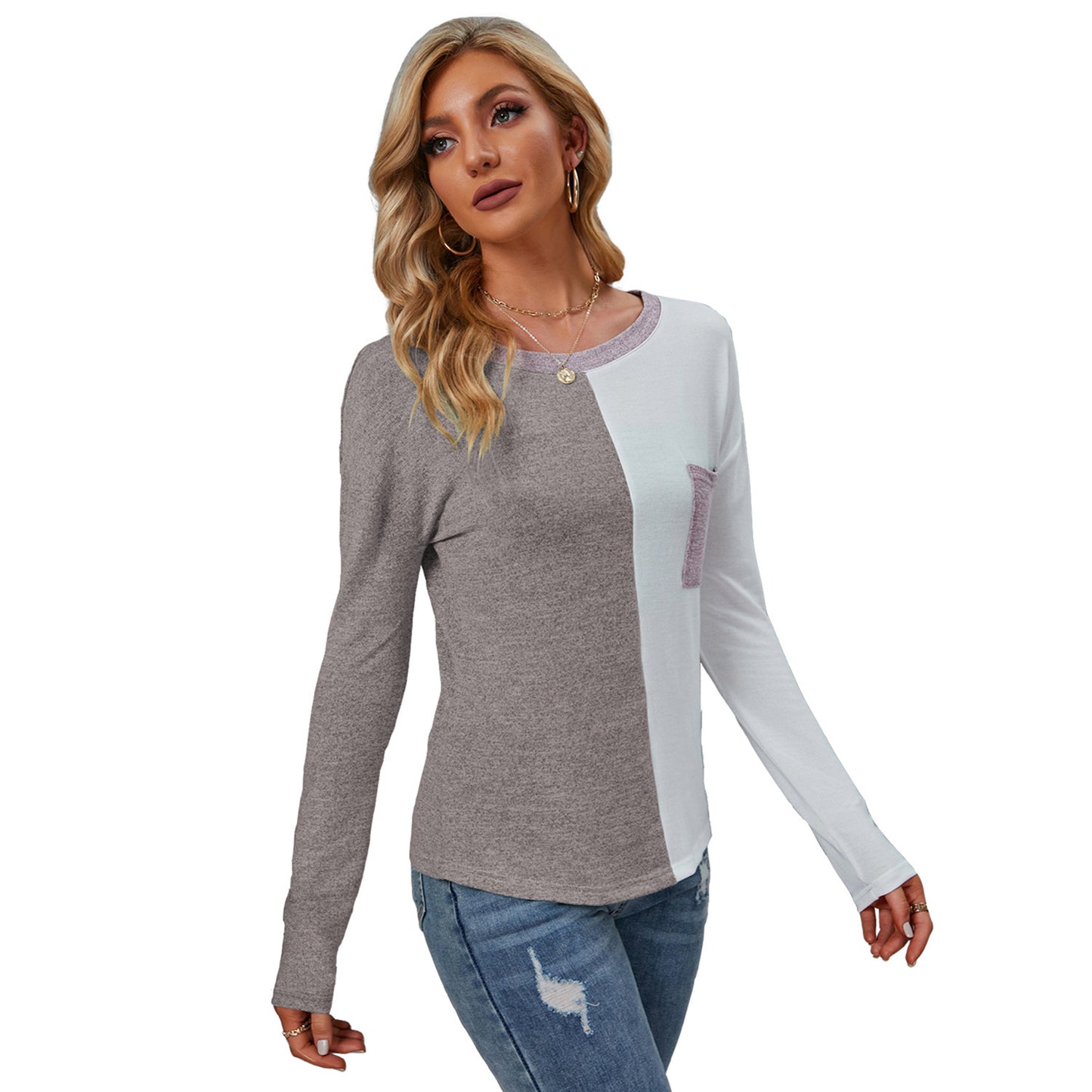 Long Sleeve Patchwork Round Neck Casual Loose Top T Shirt