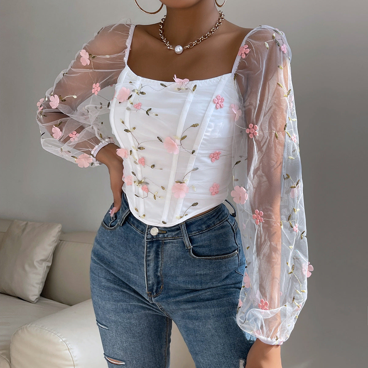 Sexy Mesh See Through Embroidered Floral Double Layer Boning Corset Long Sleeve Top