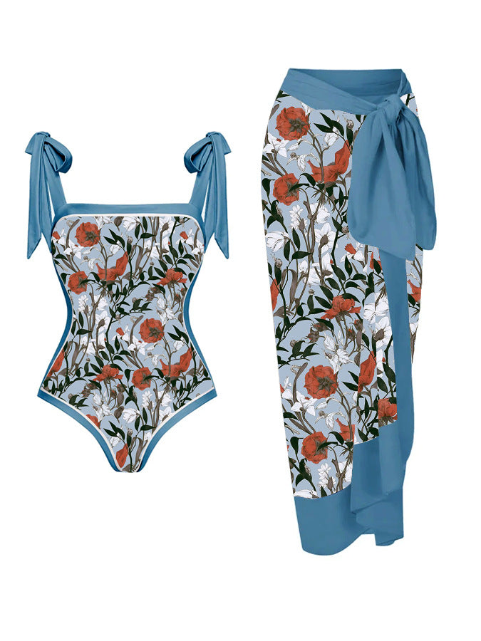 Bedruckter zweiteiliger einteiliger Badeanzug mit konservativem Cover und Hüftrock