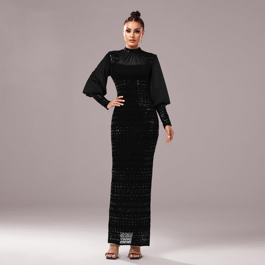 Long Sleeved Round Neck Cocktail Sequined Hip Split Evening Dress PINCHA - Fashally.com