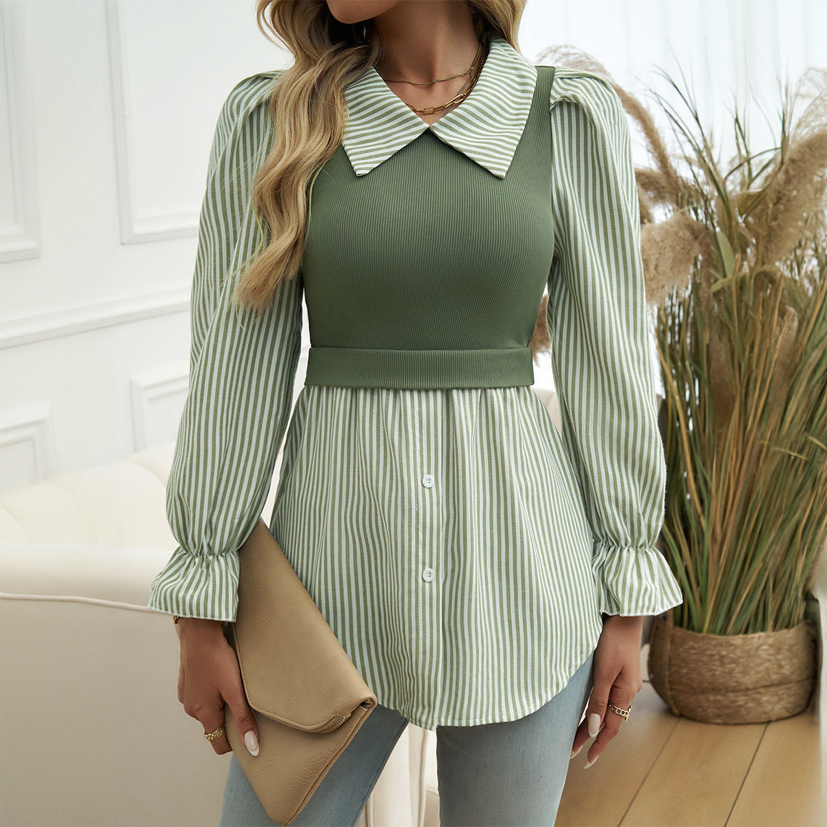 Bubble Sleeve Color Contrast Patchwork Shirt