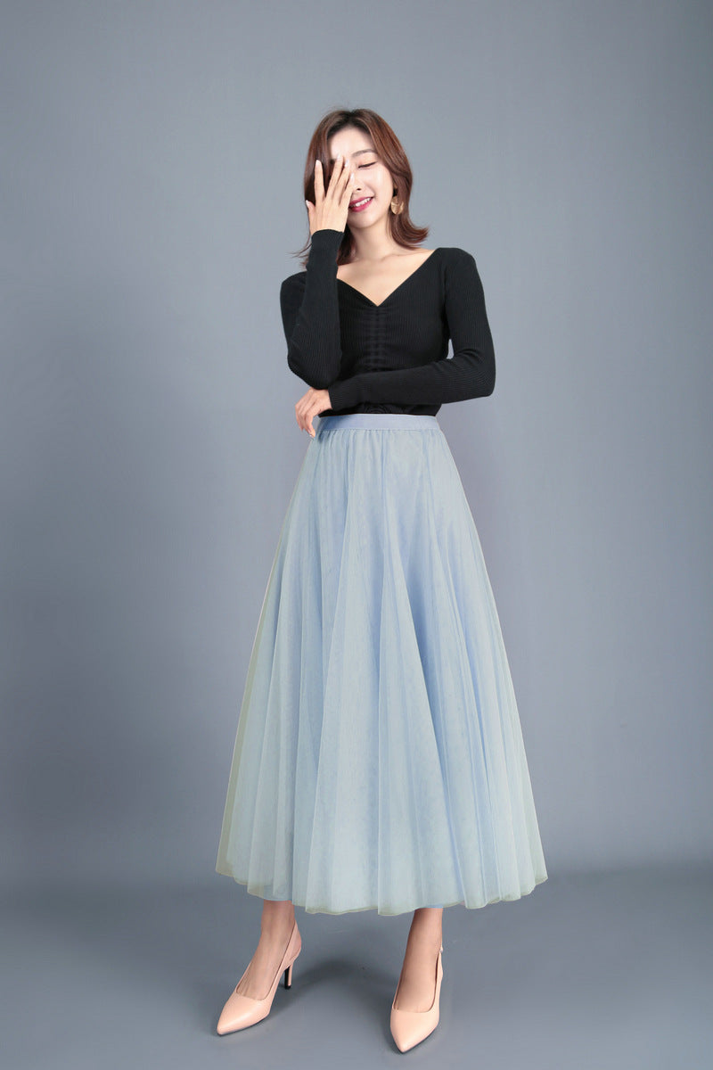 Jupe en tulle mi-longue à taille haute en gaze légère