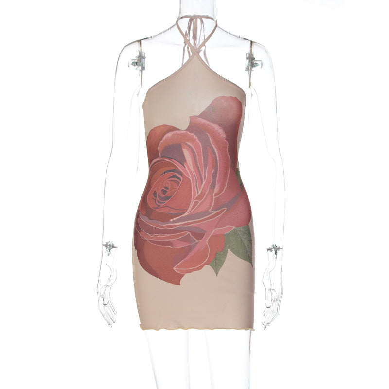 Rose Printing Lace up Halterneck Package Hip Stringy Selvedge Dress