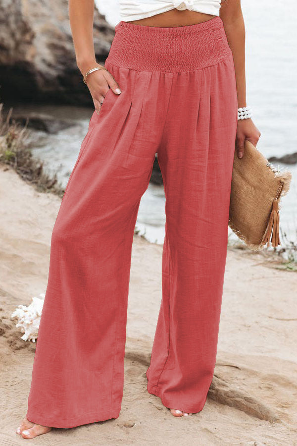 Cotton Linen Solid Color Elastic Waist Wide Leg Pants