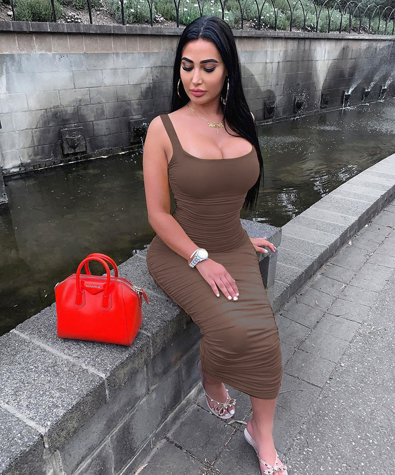 Solid Color Tight Backless Sleeveless Pleated Dress