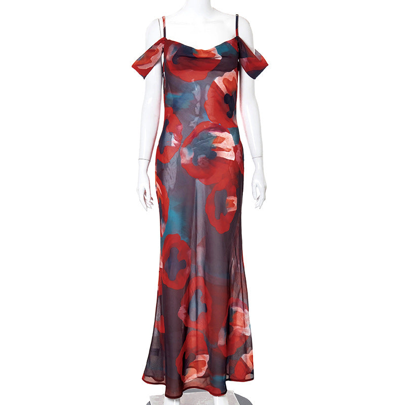 Printed Straps Sleeveless High Waist Off-Shoulder Elegant Dress