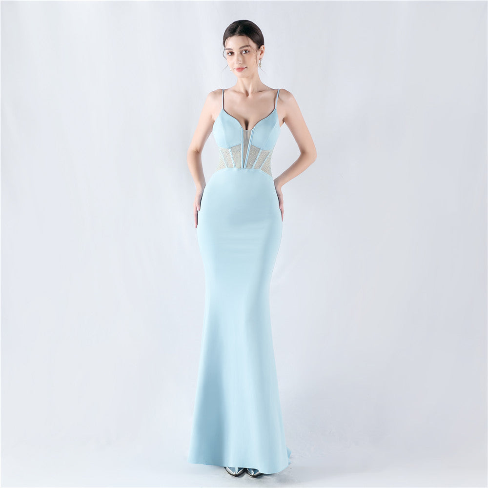 Elegant Boning Corset Vest Shaping Mesh Rhinestone Sling Sheath Fishtail Evening Dress