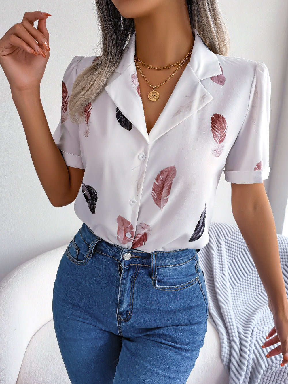 Elegant Collar Feather Loose Short Sleeve Shirt