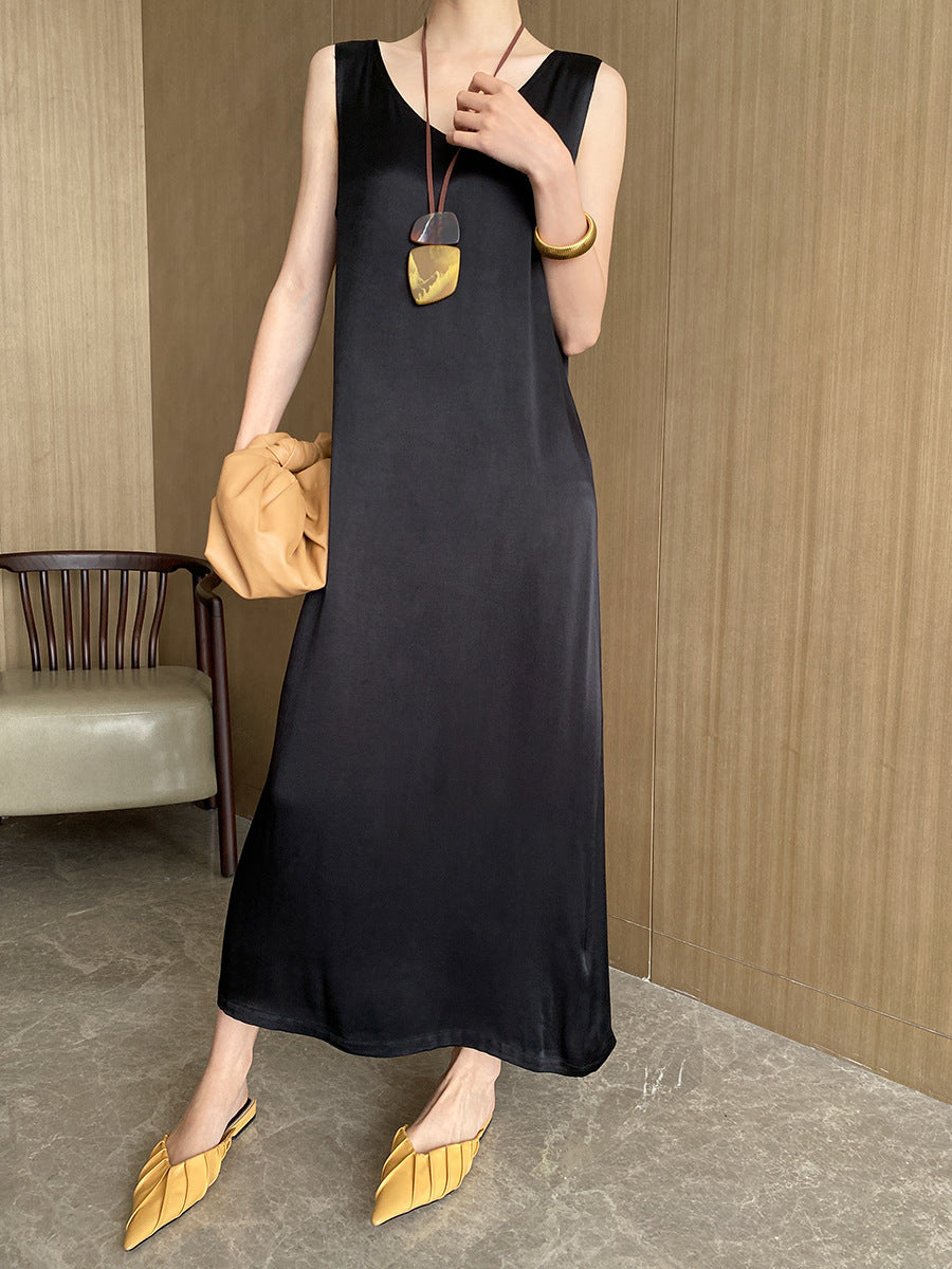 Elegant V Neck Draping Satin Sleeveless Dress