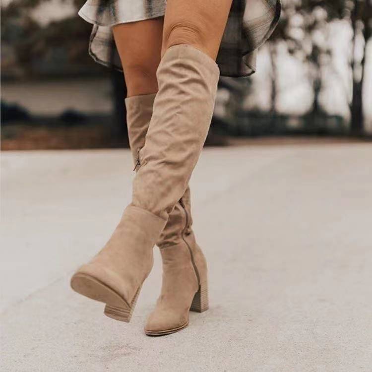 Suede Chunky Heel Pointed Toe Side Zip Solid Color Knight Boots