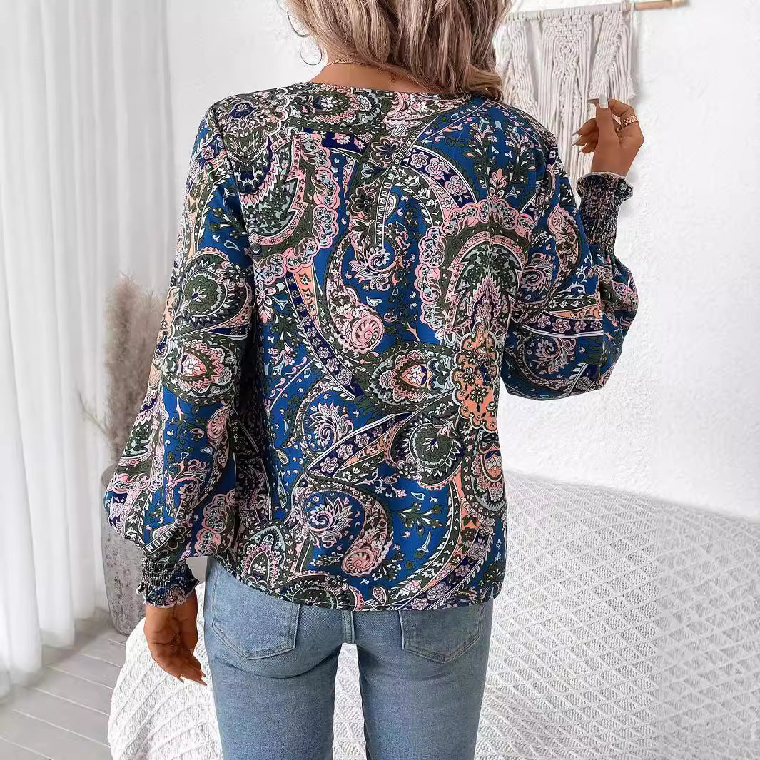 Elegant V Neck Printed Lantern Sleeve Shirt