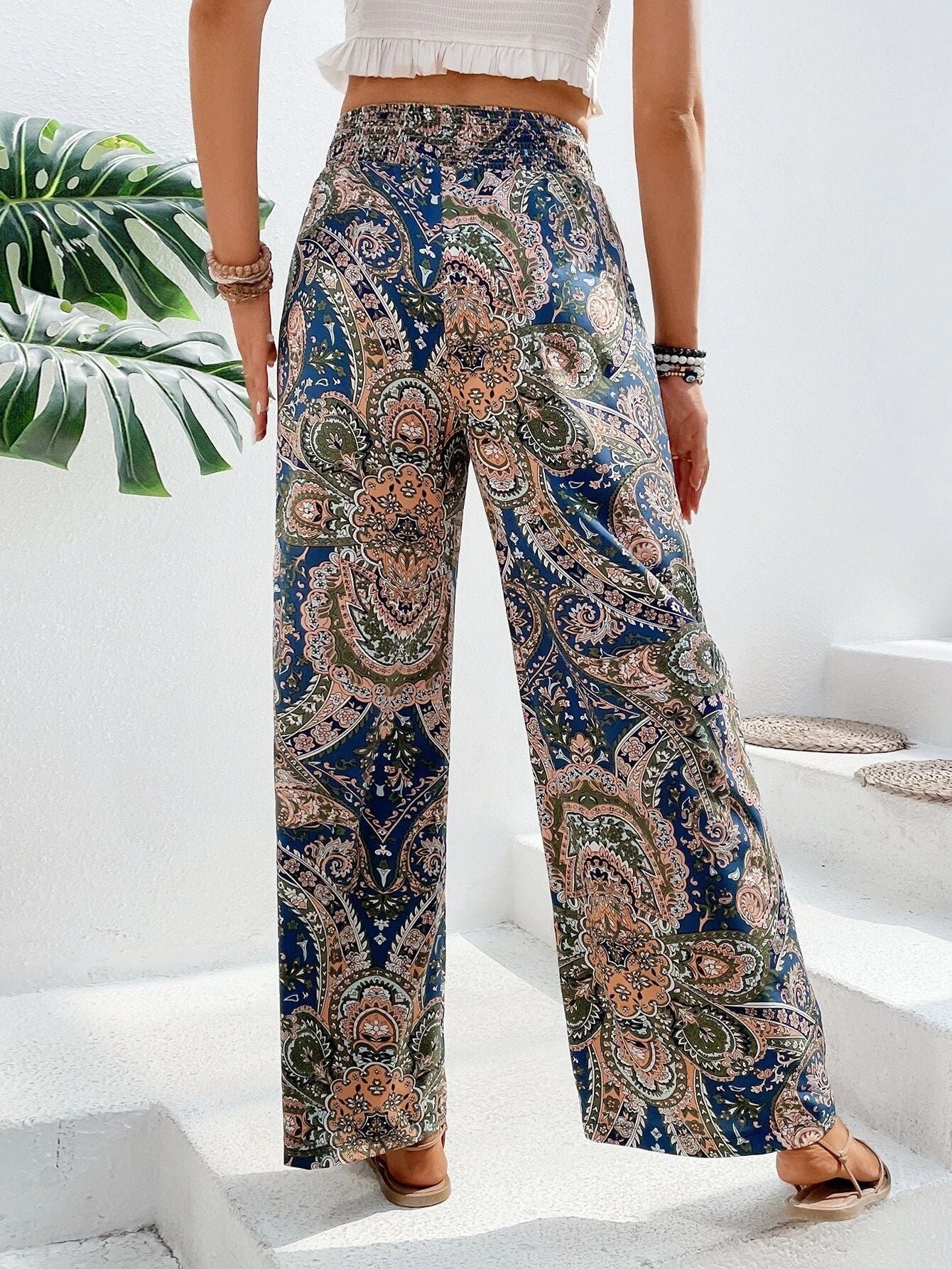 Summer All Match Printed Elastic Waist Wide Leg Pants