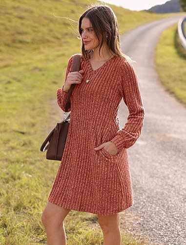 V Neck Pocket Sunken Stripe Brushed Long Sleeve Casual Dress