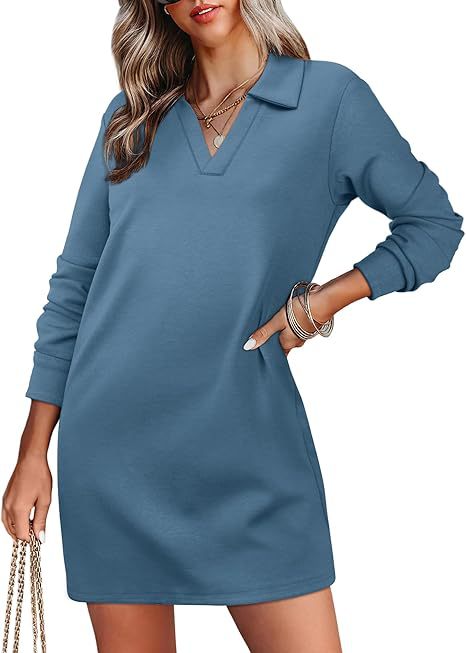 Collared Long Sleeve Casual Solid Color Sports Sweater Dress