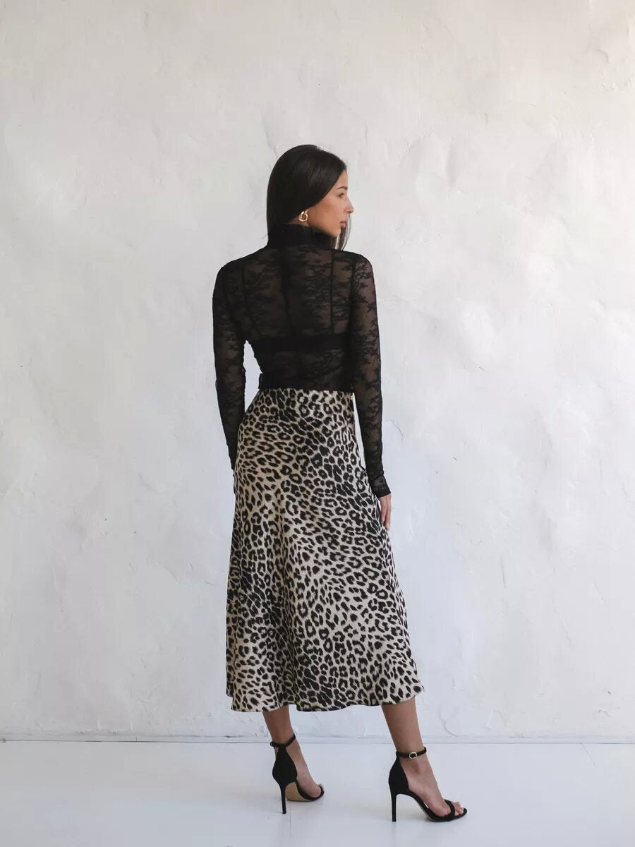 Satin Sexy Leopard Print Maxi Skirt