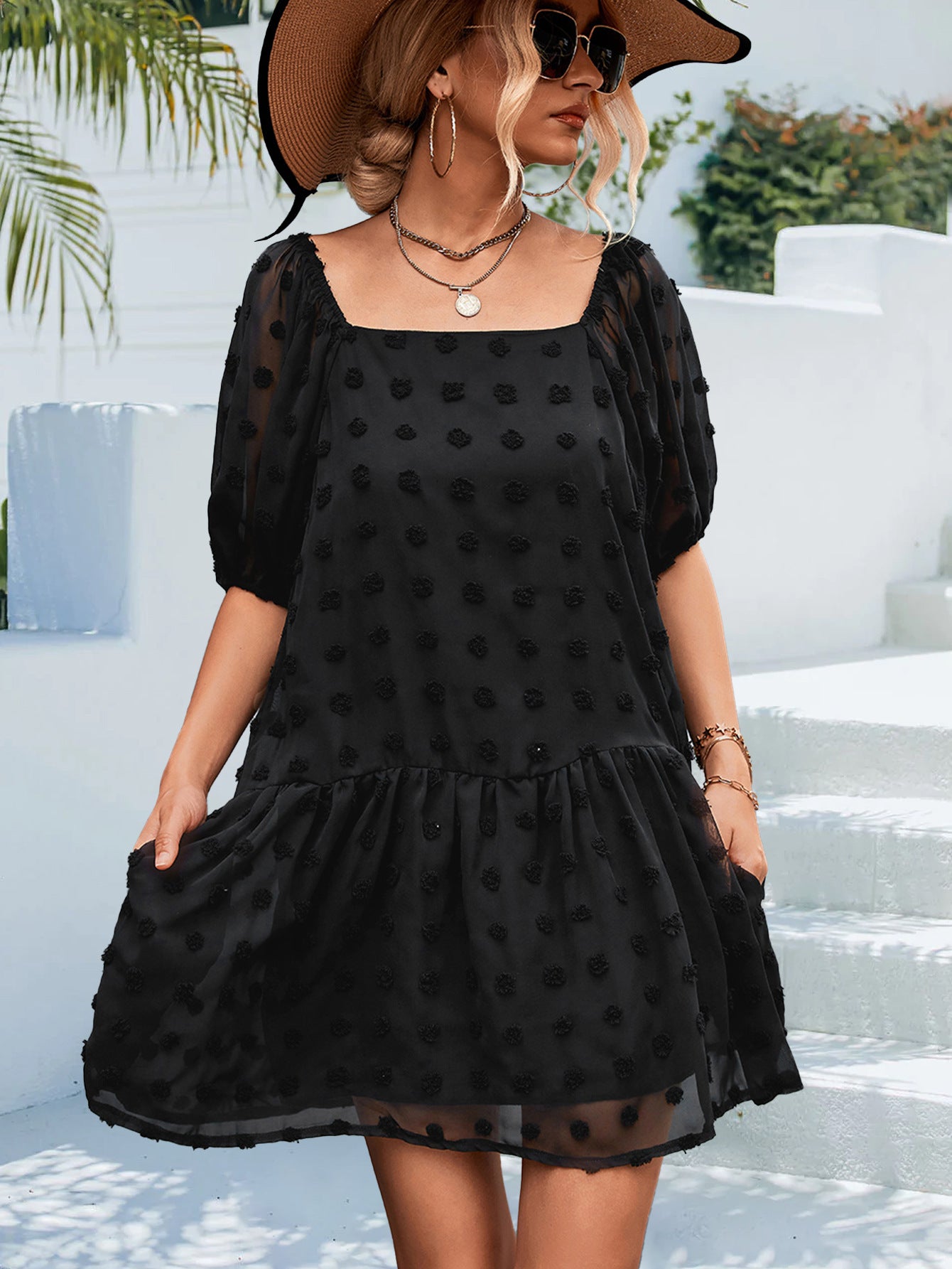 Lantern Sleeve Jacquard Fur Ball Square Collar Pocket Dress