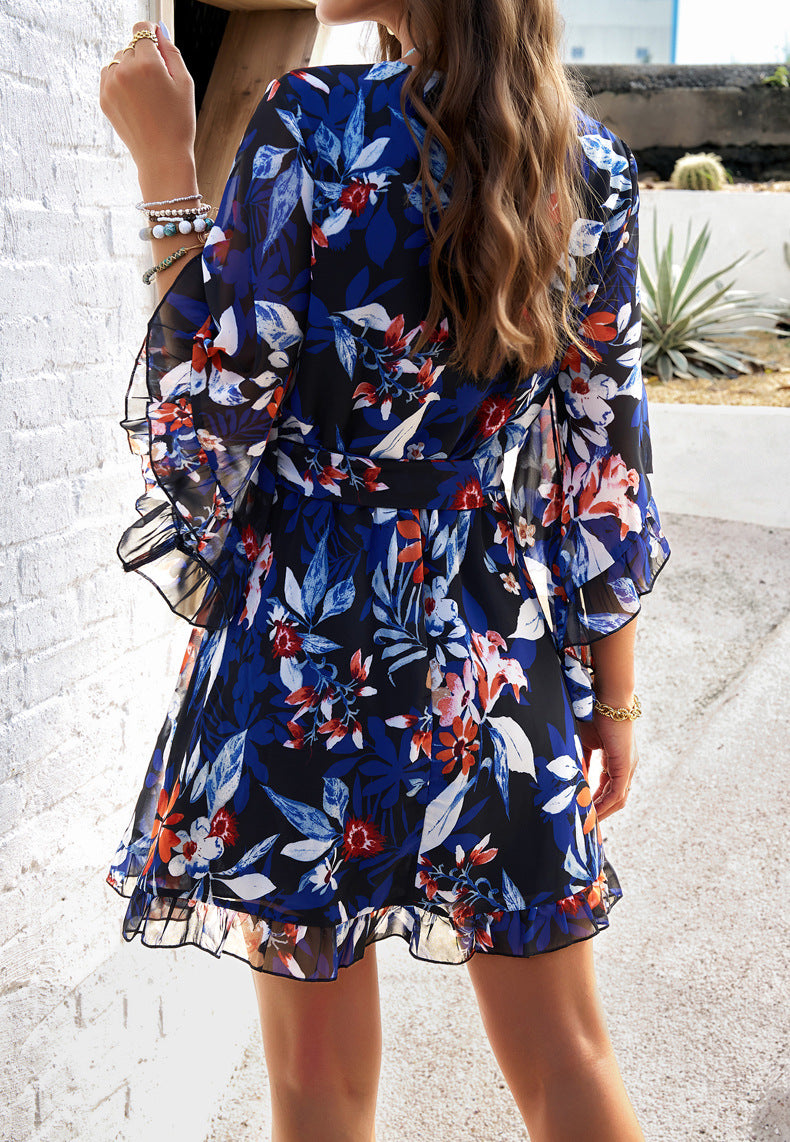 Elegant Printed Lace Up Dress