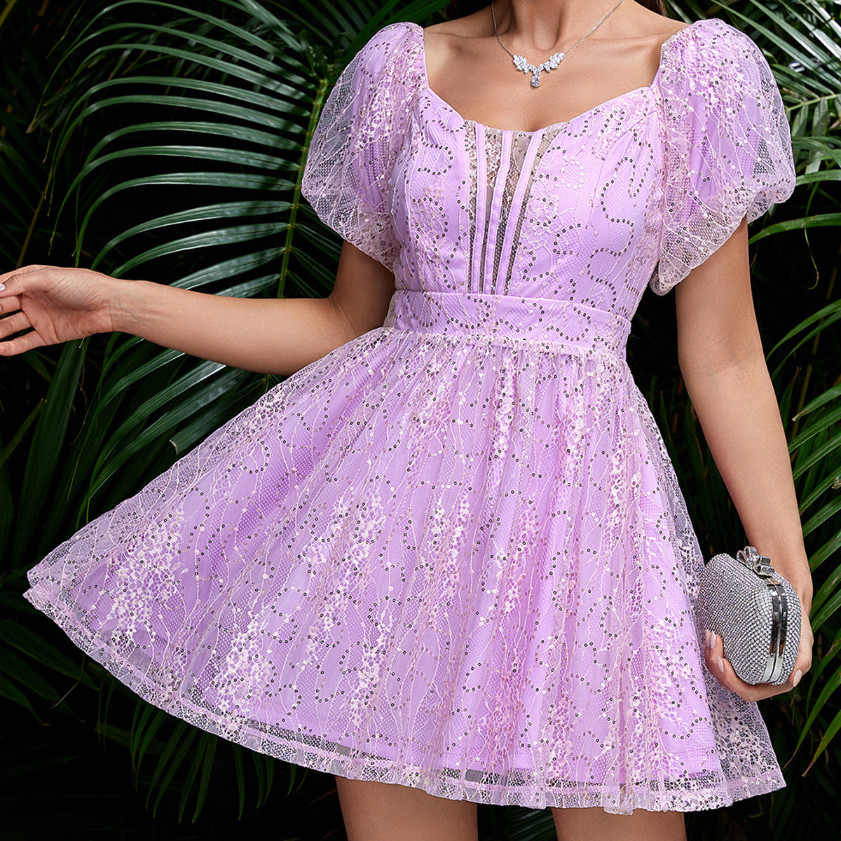 Hollow Out Cut Out Mesh Lace Puff Sleeve Dress