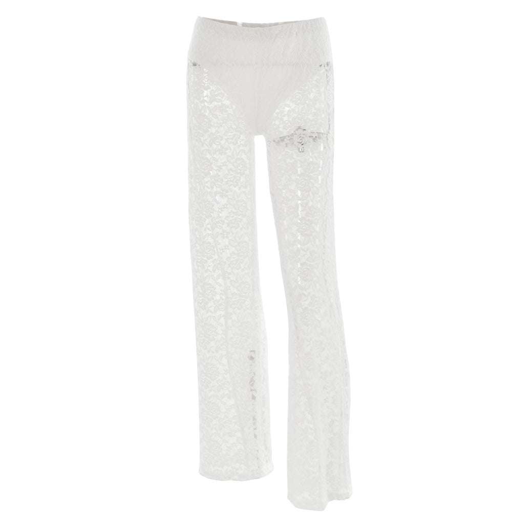 Sexy Lace See Through High Waist Stitching Long Straight Leg Pants