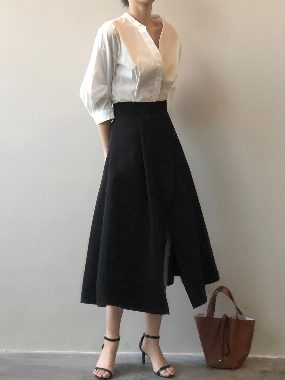 Elegant High Waist Office Slit A line Midi Skirt