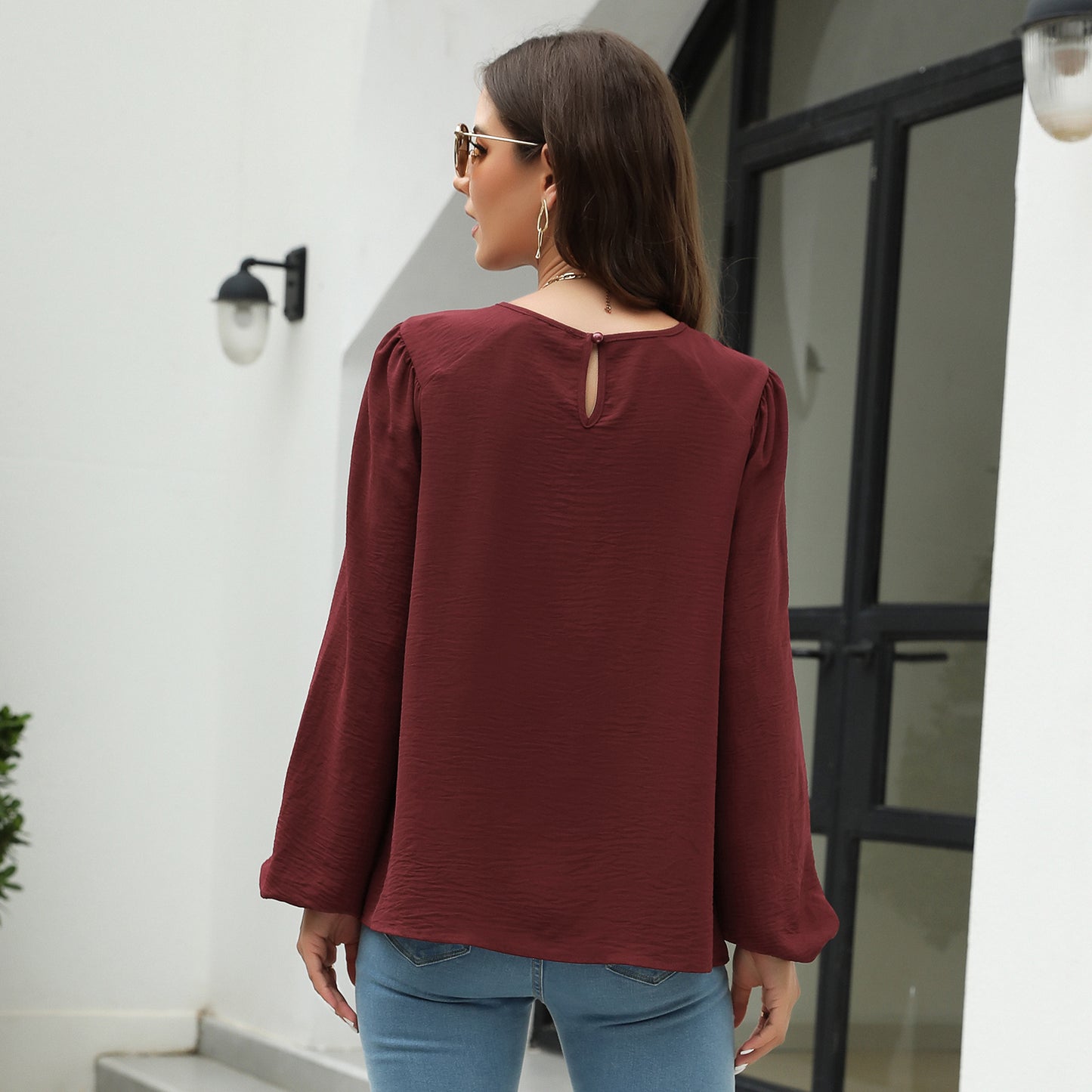 Lantern Sleeve Chiffon Shirt Top