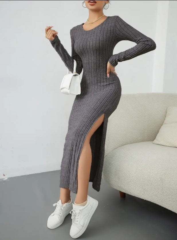 Long Sleeve Crew Neck Split Knitted Maxi Dress