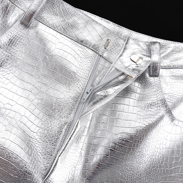 Metallic Coated Fabric Silver Scale Pattern High Waist Long Straight Pants