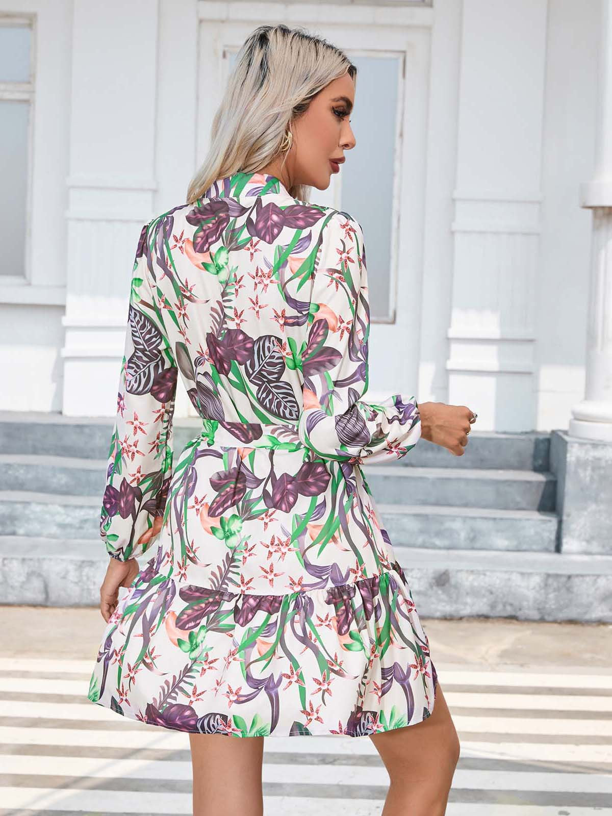 Printing Button Long Sleeve Dress