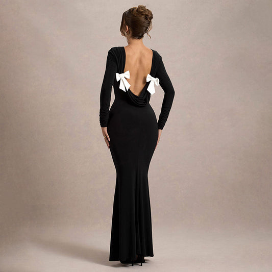 Backless Bow Long Sleeve Narrow Maxi Dress