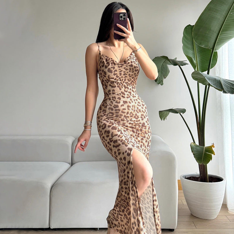 Printing Slim Fit Slit Sexy Backless Spaghetti Straps Dress