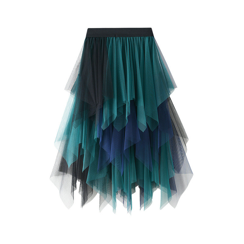 Color Matching Mesh Multi Layer Irregular Asymmetric All Matching Elastic Waistband Midi Skirt