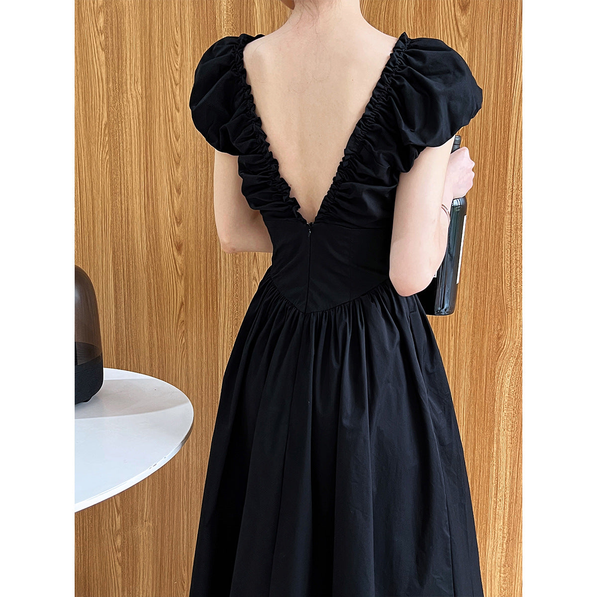 French Fitted Waist Backless V neck Dress