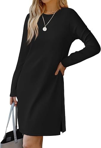 Round Neck Slit Hemline At Hem Sweater Long Sleeve Casual Dress